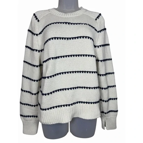 Madewell Textured Cotton Crewneck Sweater in Stripe Women's XL White Navy - Picture 2 of 12